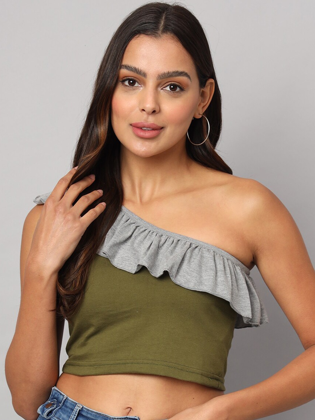 

BRINNS Pure Cotton One Shoulder Crop Top, Olive