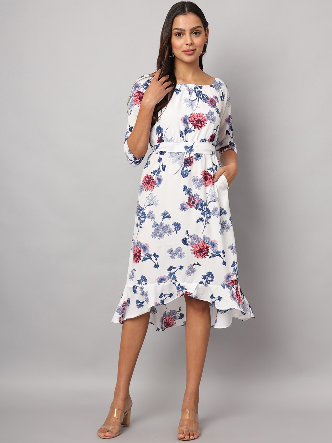 

BRINNS Women Boat Neck Fit & Flare Floral Midi Dress, White