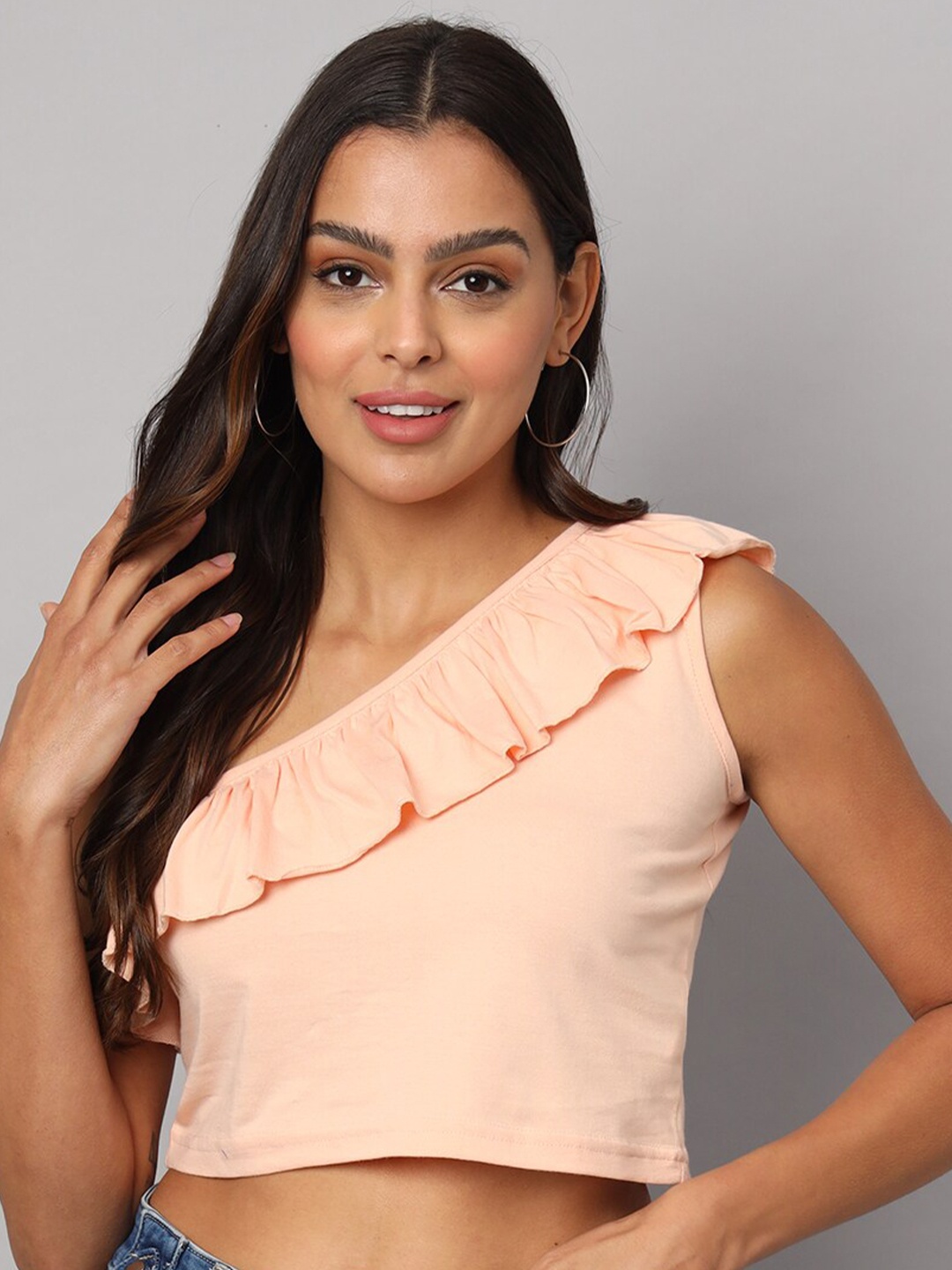 

BRINNS Women One Shoulder Pure Cotton Crop Top, Peach