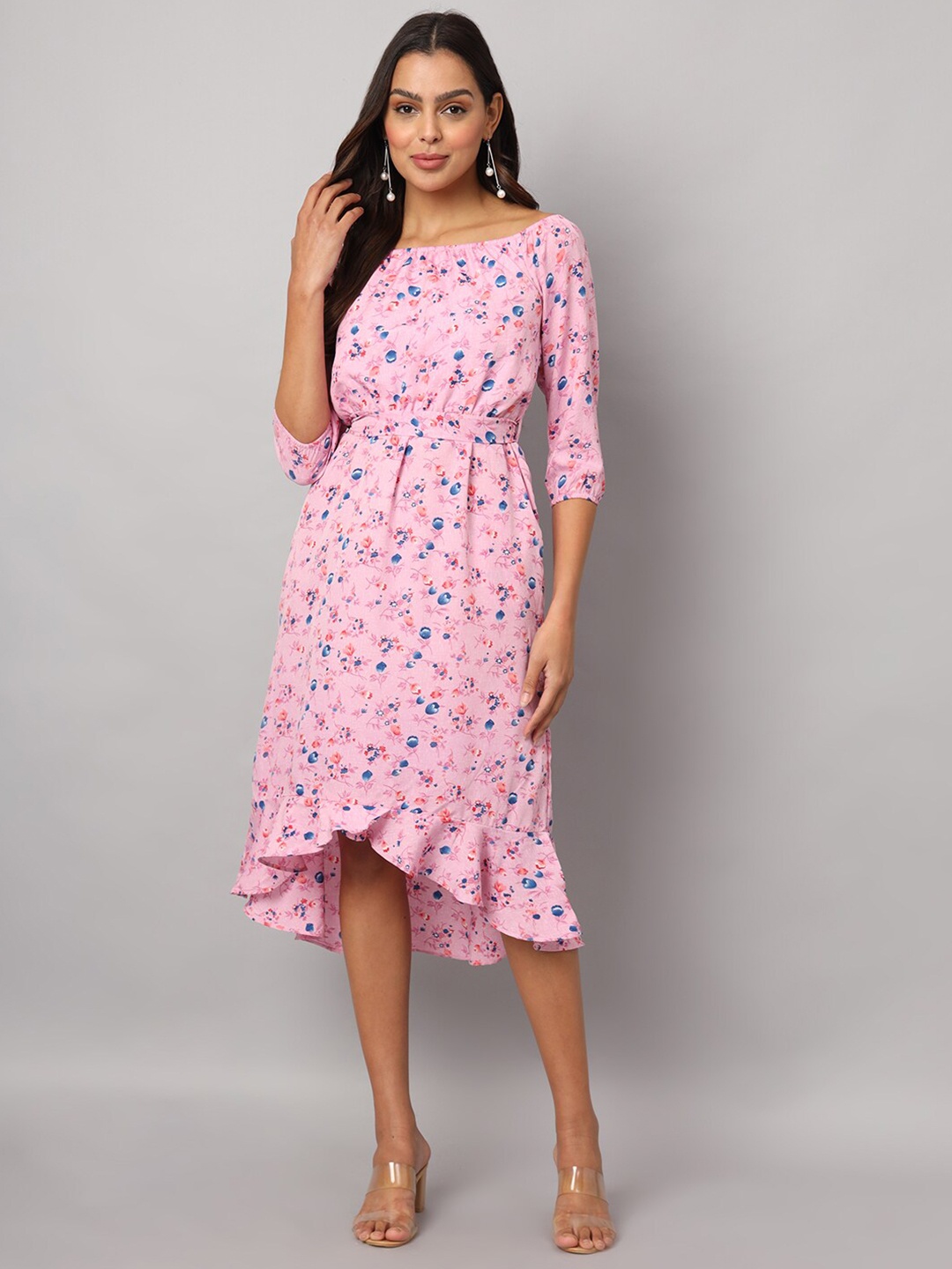 

BRINNS Women Boat Neck Fit & Flare Floral Midi Dress, Pink