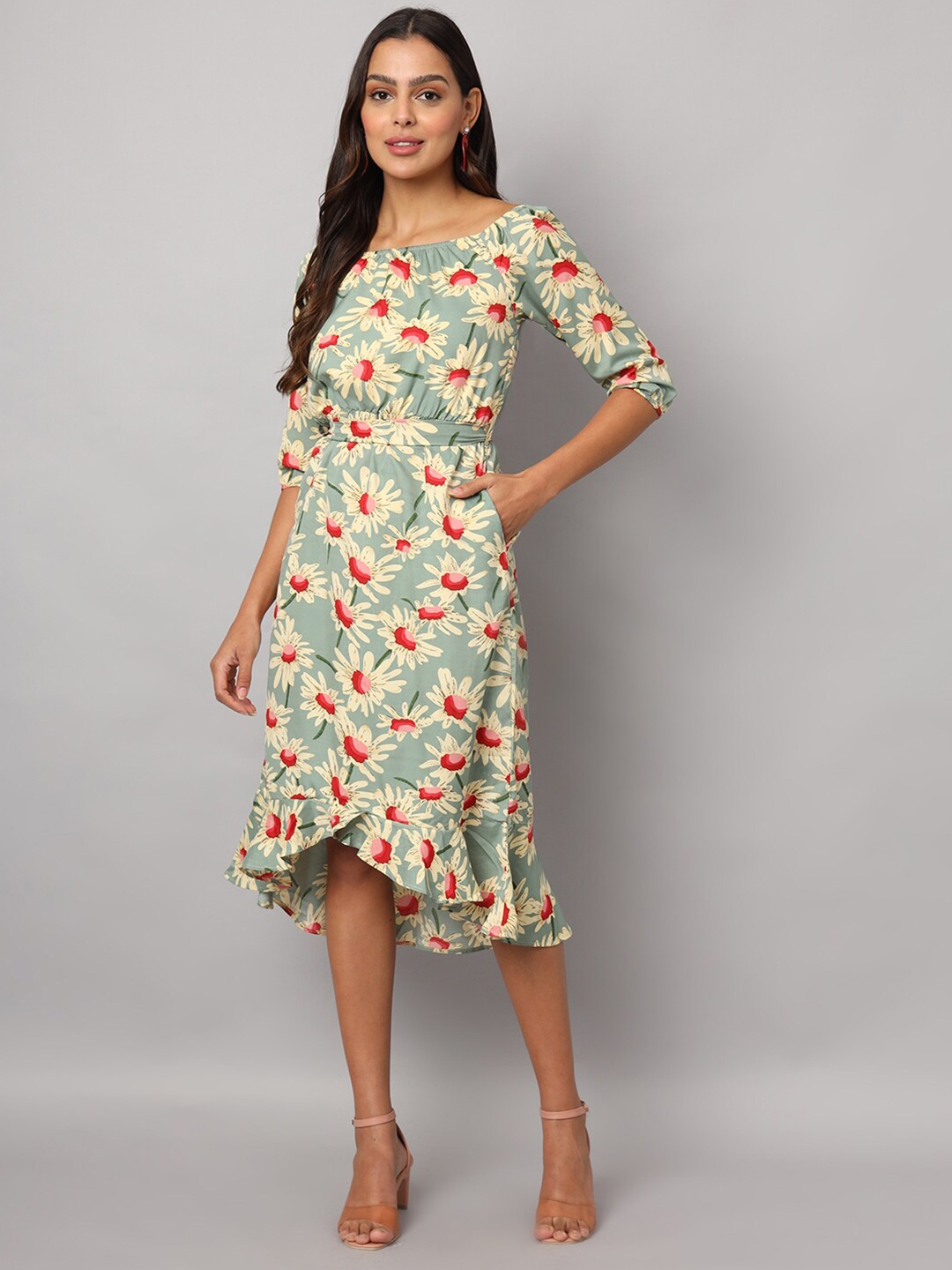 

BRINNS Women Off Shoulder Floral Midi Dress, Green