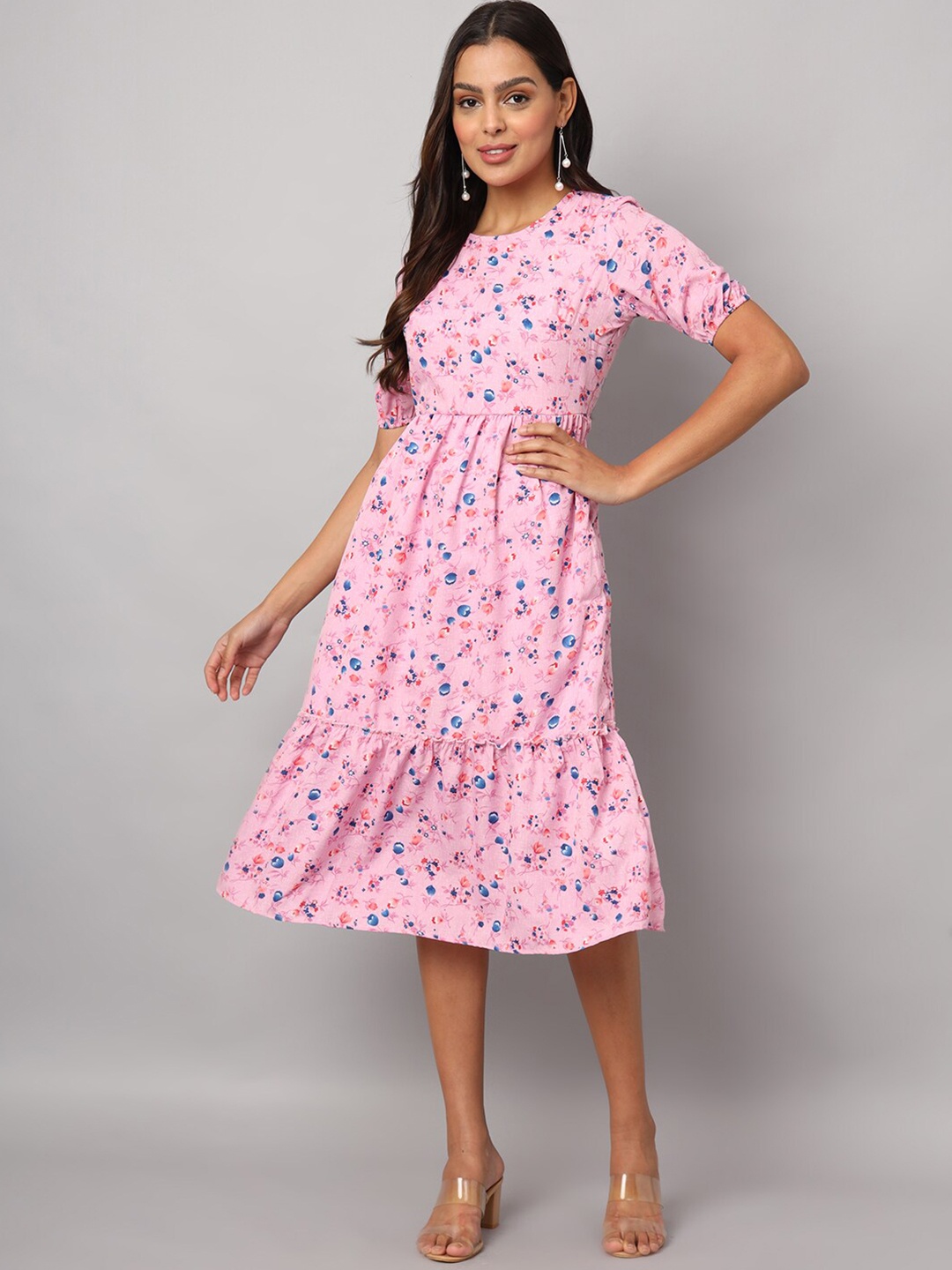 

BRINNS Puff Sleeve Fit & Flare Floral Dress, Pink