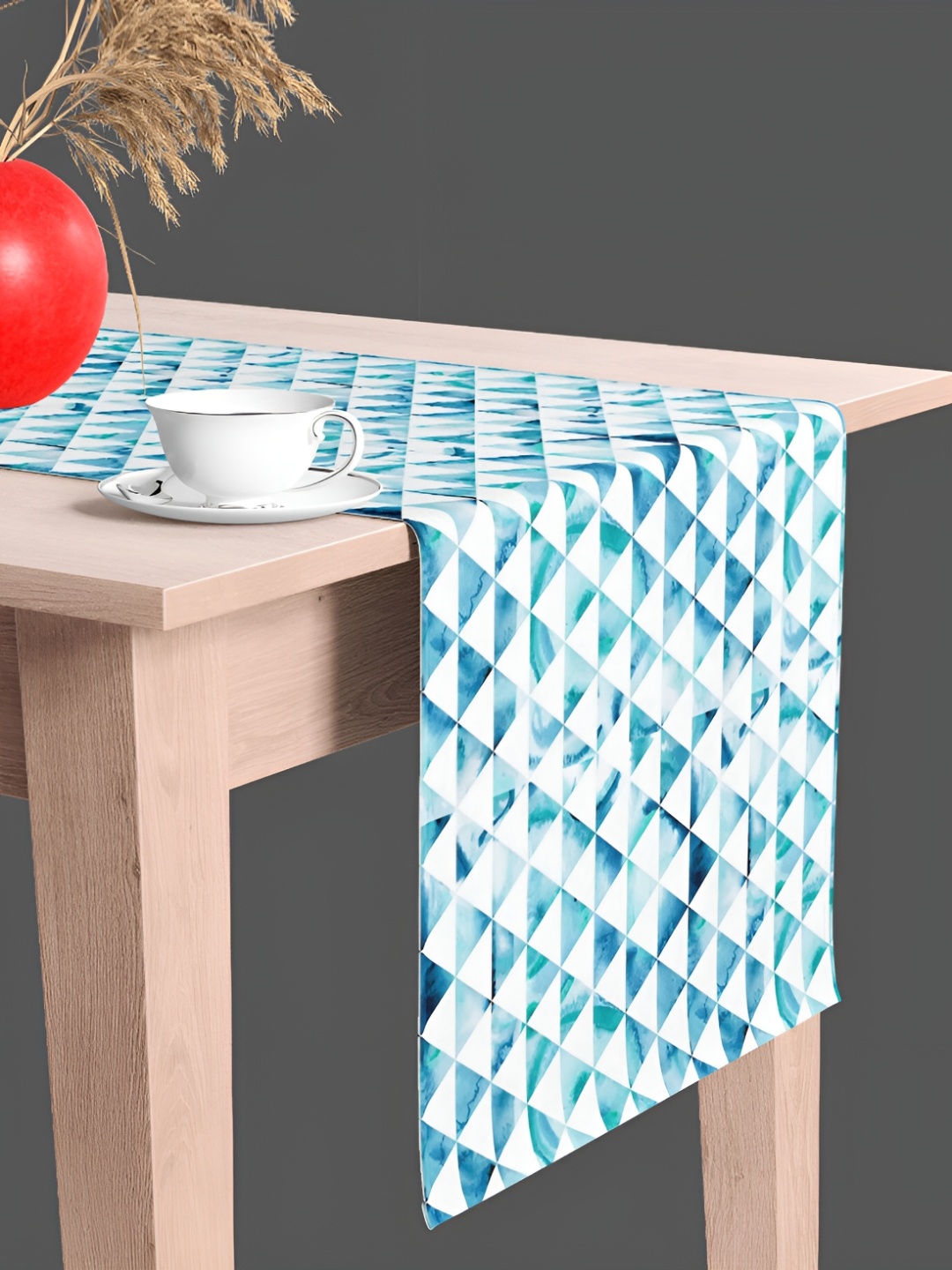 

ArtzFolio Turquoise Blue & White Geometric Printed Velvet Table Runner