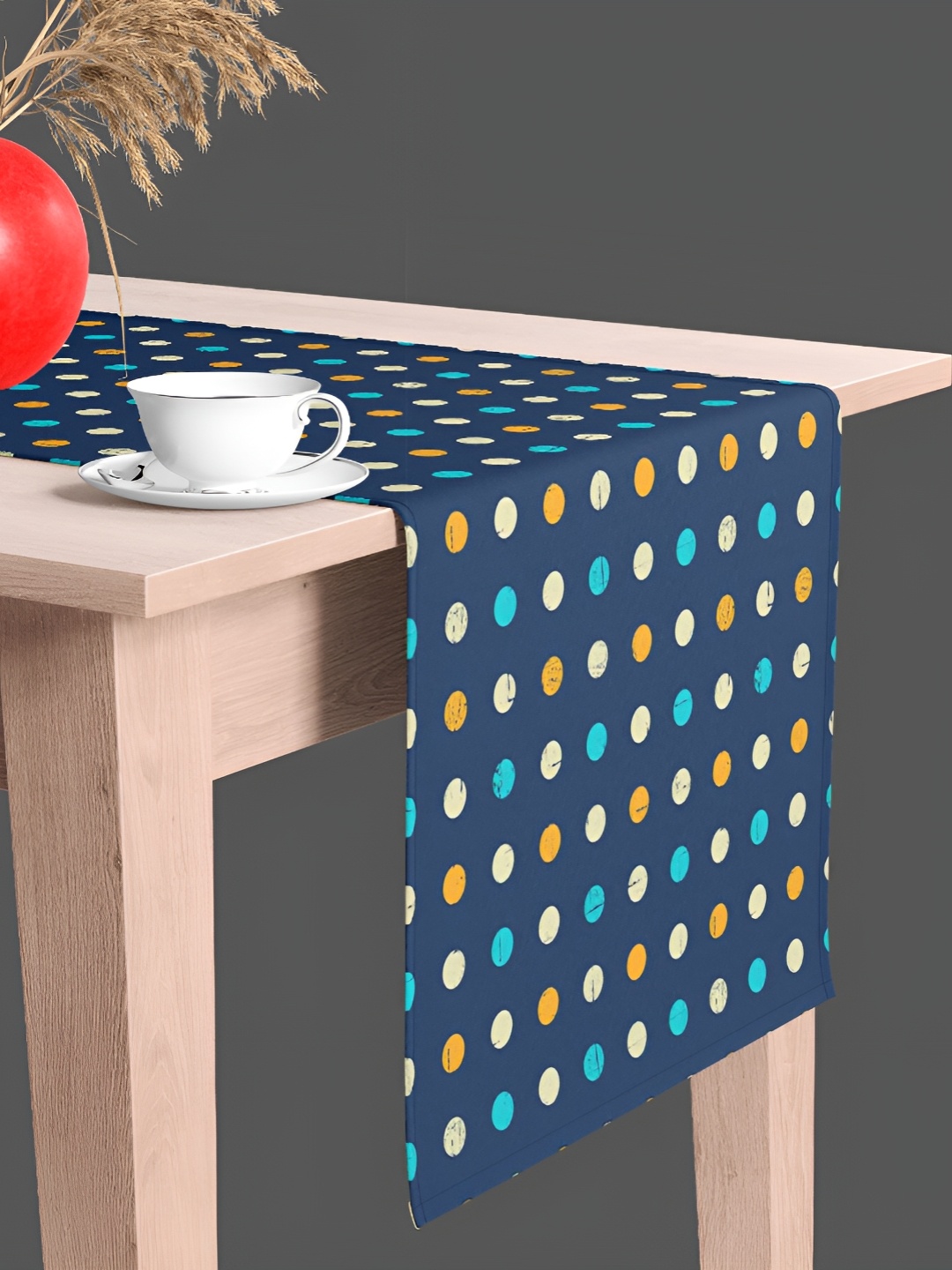 

ArtzFolio Navy Blue & Orange Polka Dots Printed Table Runner