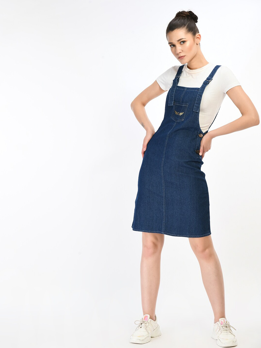 CHROME & CORAL Women Denim Pinafore Dress, Navy blue