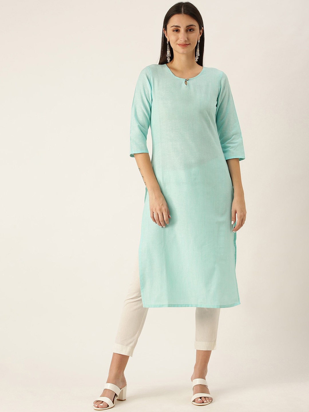

HRITIKA Keyhole Neck Three Quarter Sleeves Straight Kurta, Turquoise blue