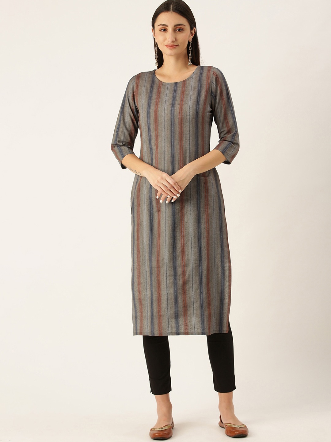 

HRITIKA Striped Printed Round Neck Three-Quarter Sleeves Straight Kurta, Grey