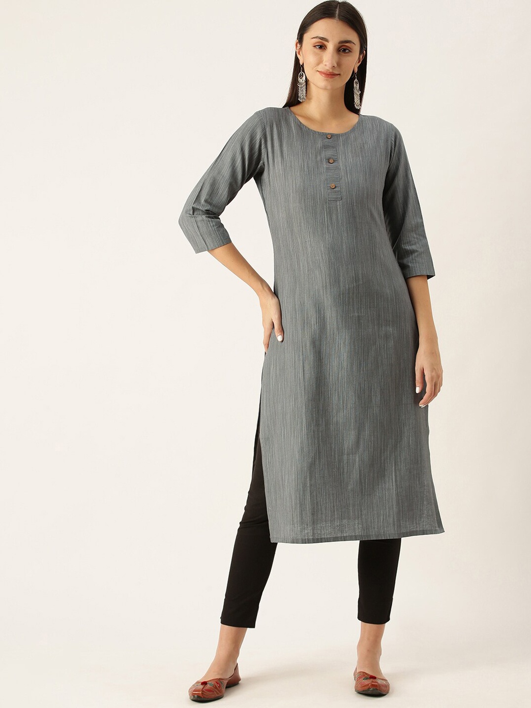 

HRITIKA Striped Printed Round Neck Three-Quarter Sleeves Straight Kurta, Grey