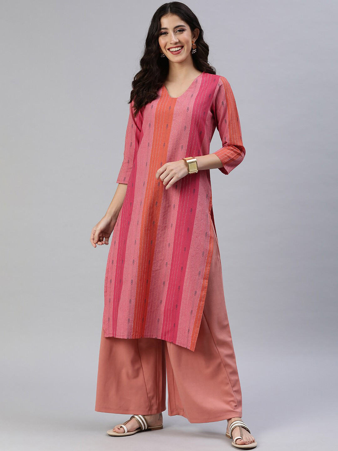 

HRITIKA Striped Thread Work Kurta, Red