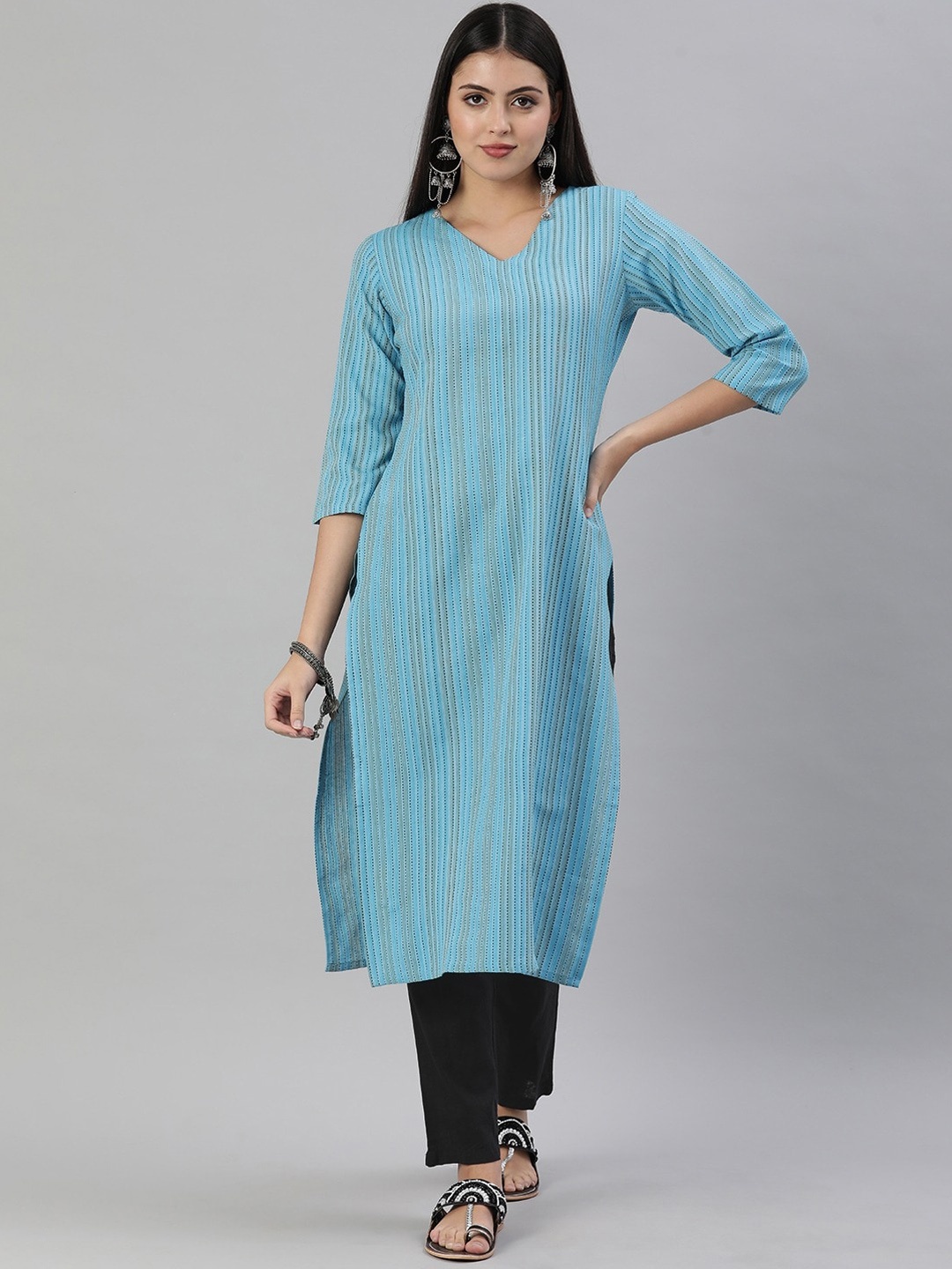 

HRITIKA Striped Thread Work Kurta, Turquoise blue