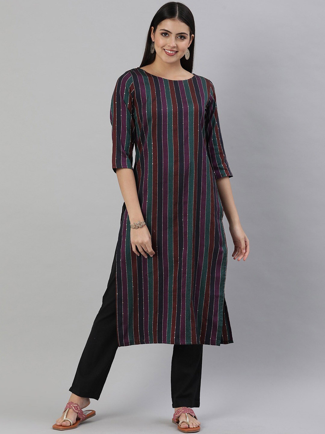 

HRITIKA Striped Sequinned Kurta, Navy blue