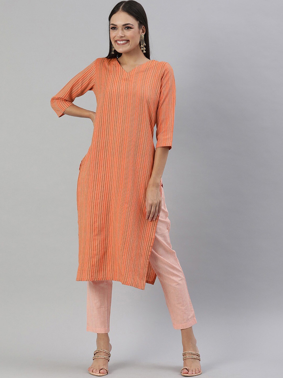 

HRITIKA Striped V-Neck Straight Kurta, Orange