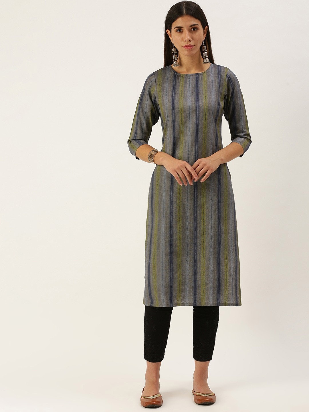 

HRITIKA Striped Round Neck Straight Kurta, Blue