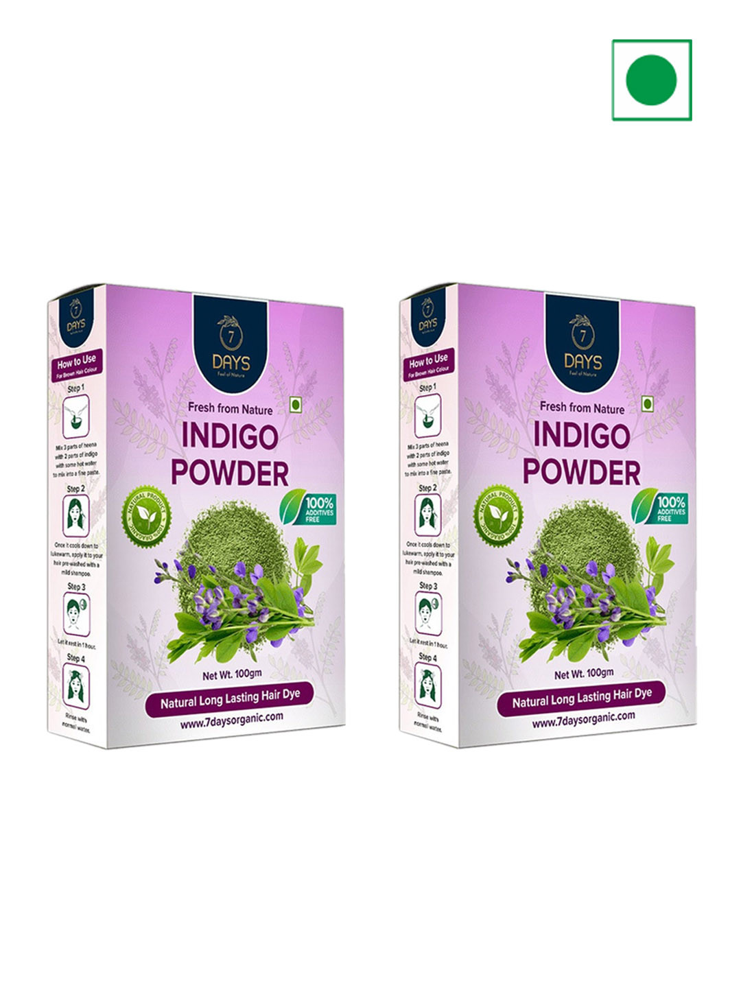 

7 DAYS Set of 2 Indigo Natural Long Lasting Hair Dye Powder - 100 g each, Purple