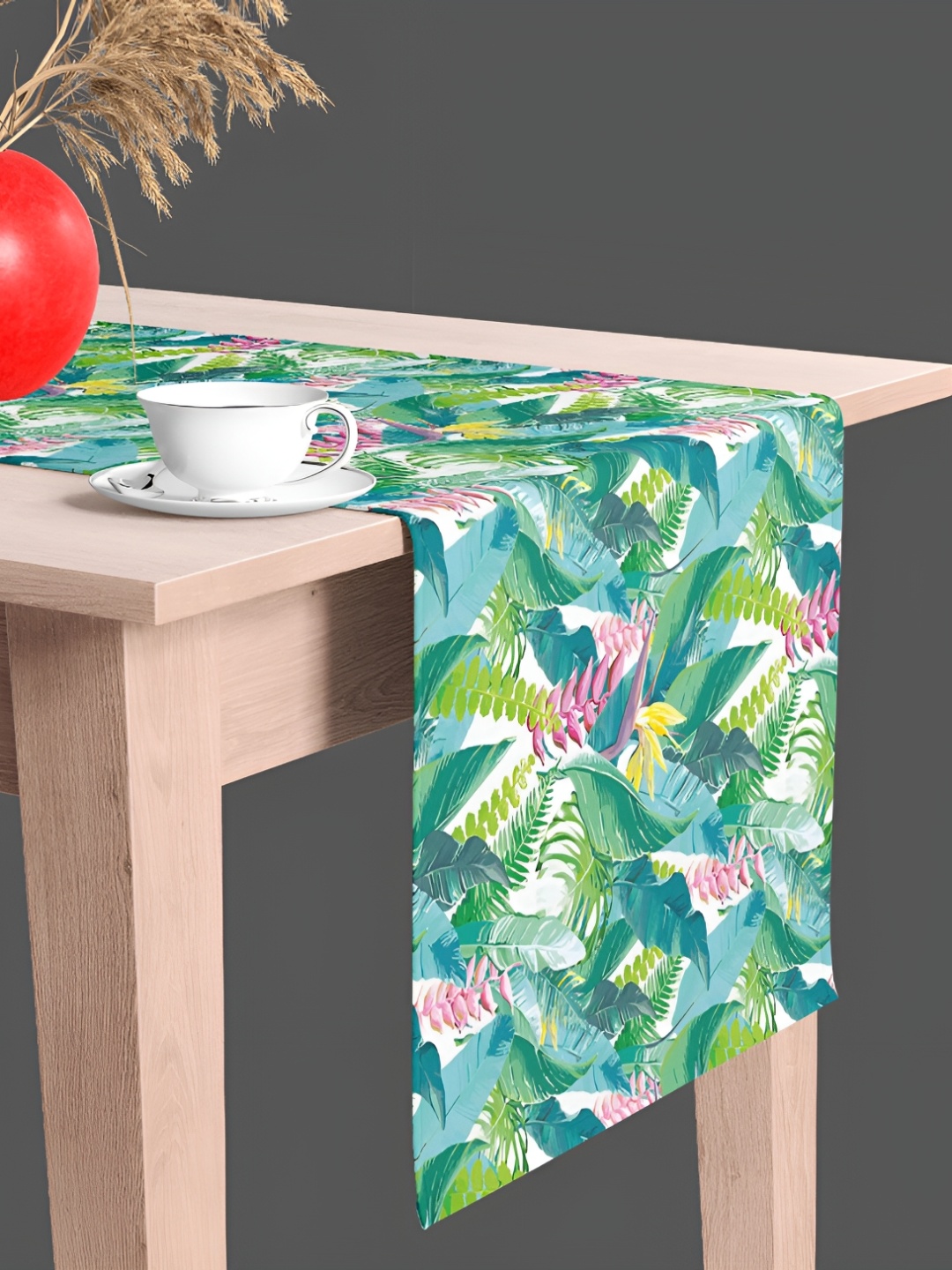 

ArtzFolio Green & White Tropical Print Velvet Dining Table Runner