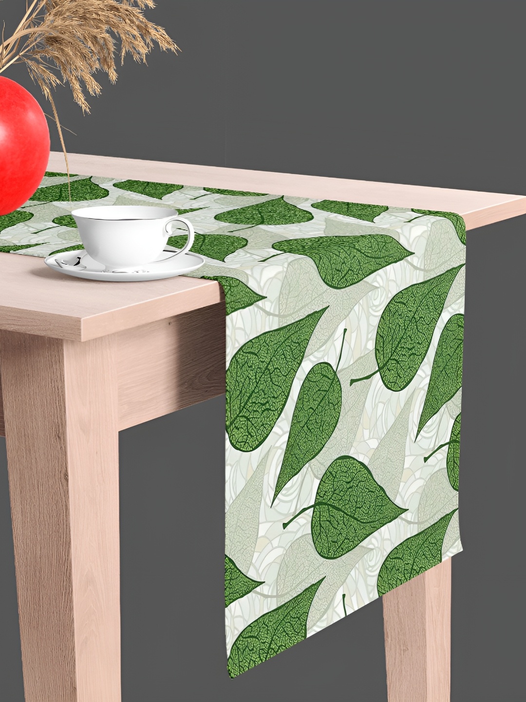 

ArtzFolio Leaf Print Velvet Dining Centre Table Runner, Green