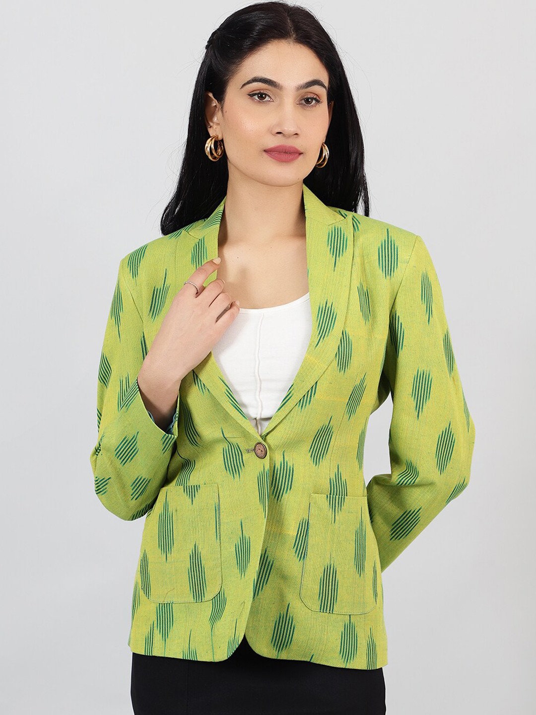 

INDOPHILIA Printed Cotton Single Breasted Blazer, Green