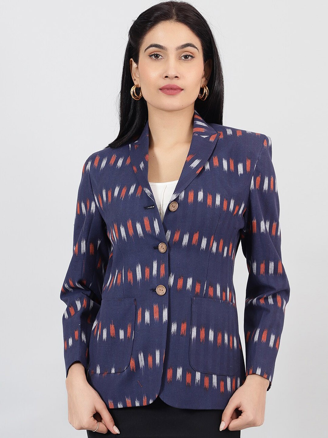 

INDOPHILIA Printed Peaked Lapel Long Sleeves Single-Breasted Cotton Blazer, Blue
