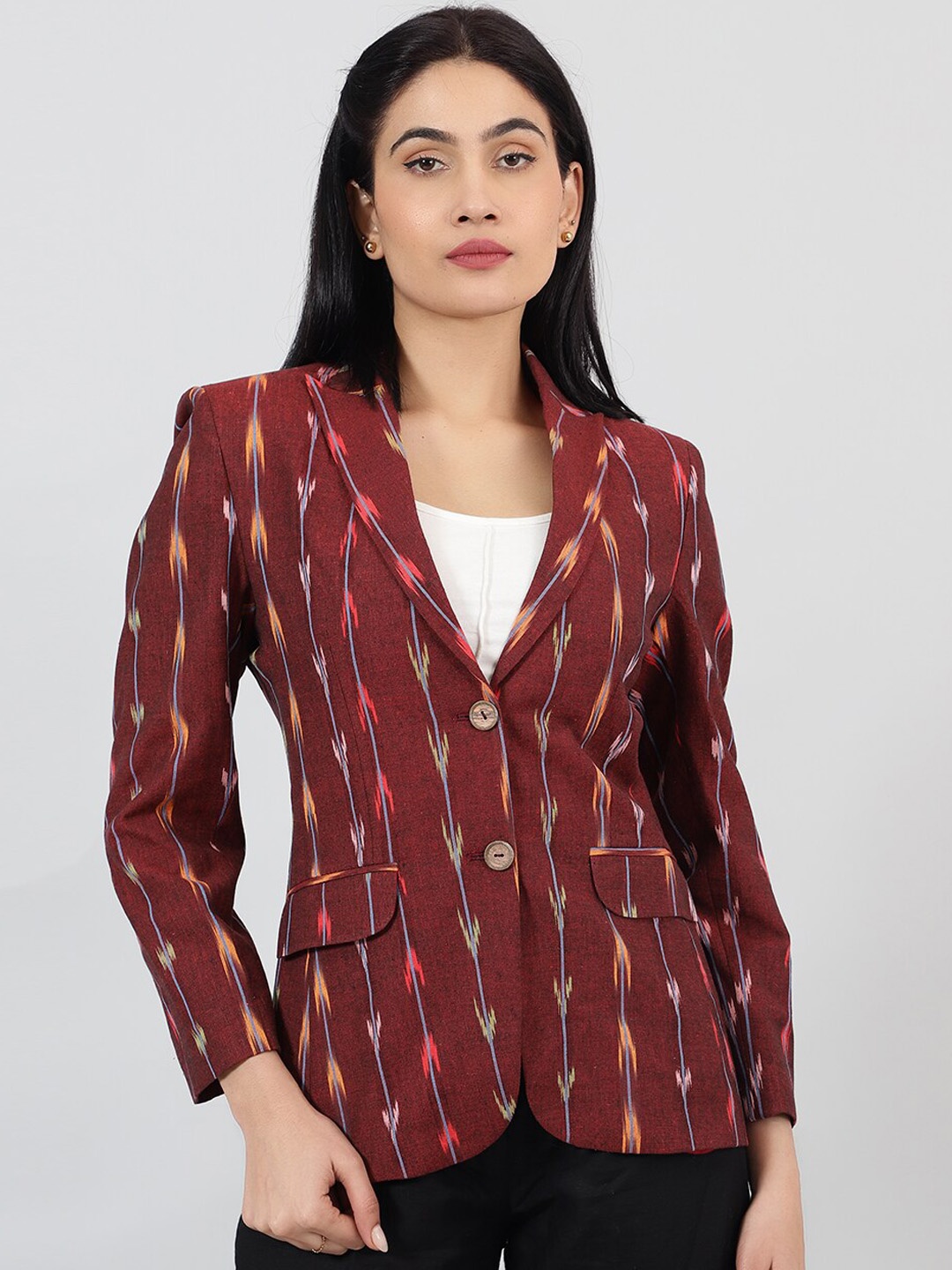 

INDOPHILIA Printed Cotton Single Breasted Blazer, Red