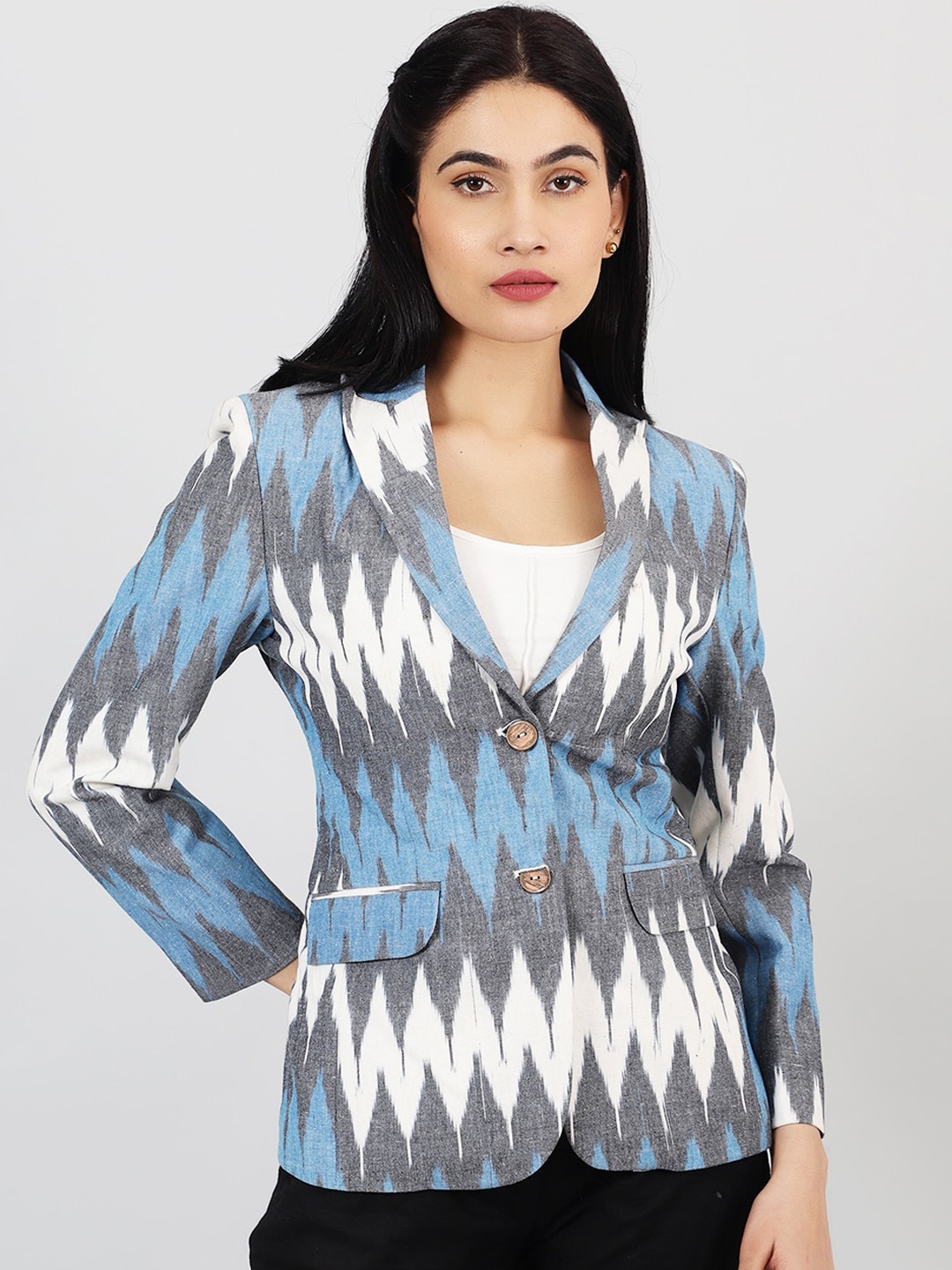 

INDOPHILIA Printed Cotton Single Breasted Blazer, Blue