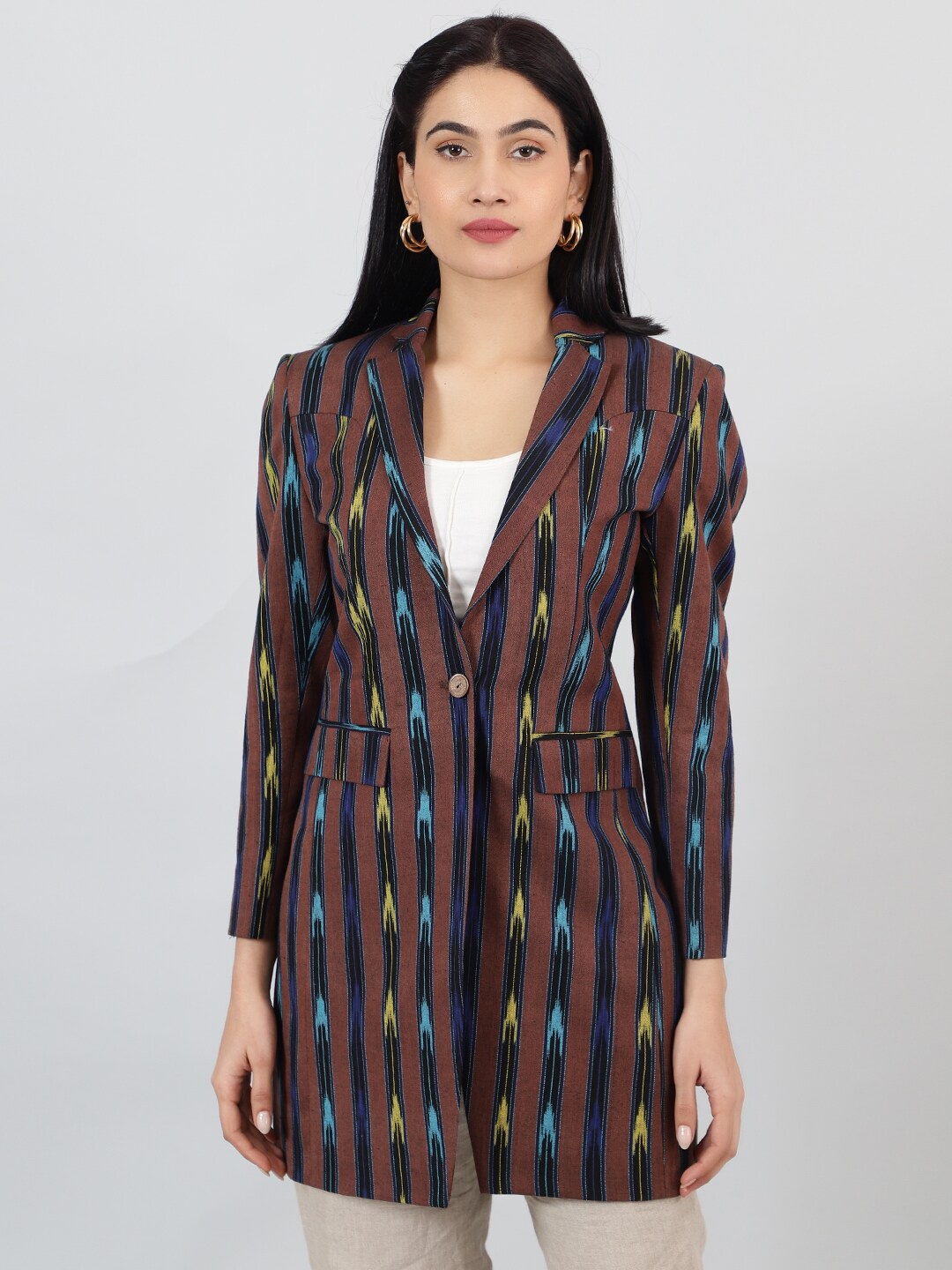 

INDOPHILIA Printed Notched Lapel Long Sleeves Single-Breasted Longline Cotton Blazer, Brown