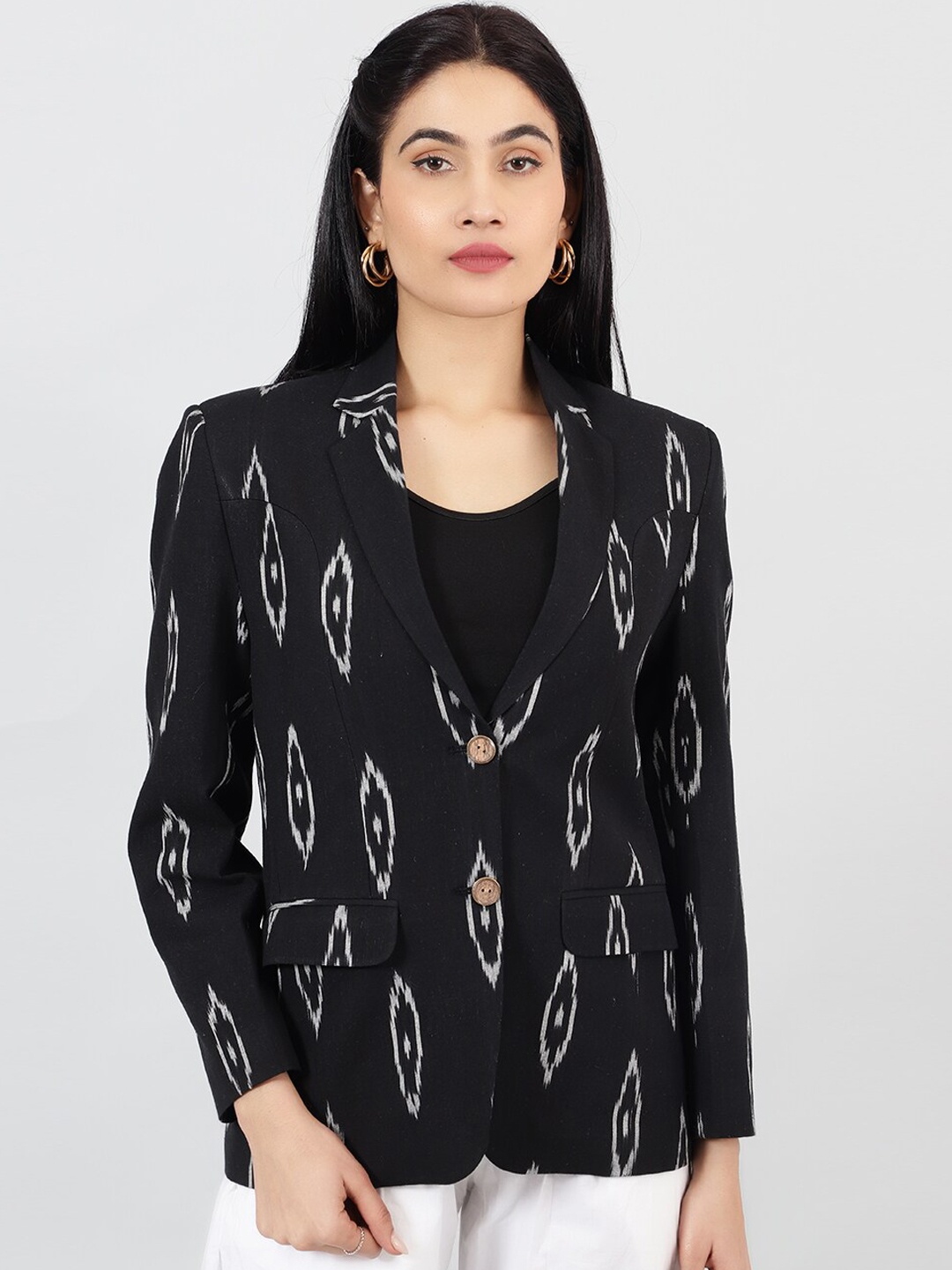 

INDOPHILIA Printed Cotton Single Breasted Blazer, Black