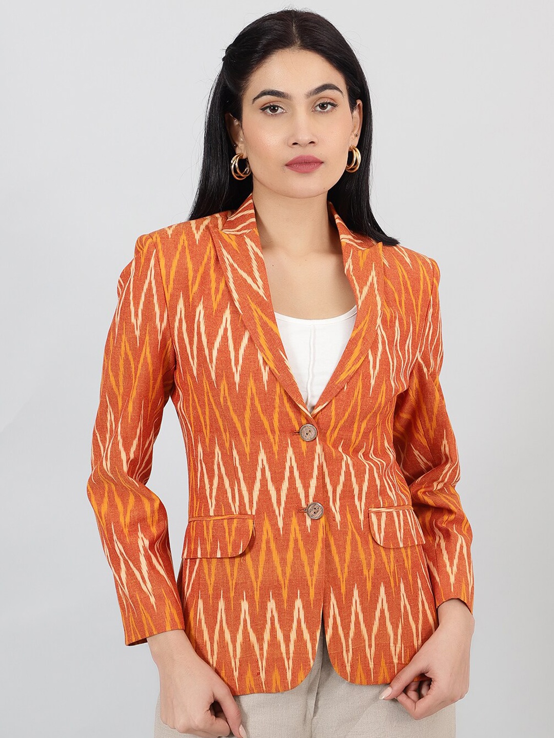 

INDOPHILIA Printed Notched Lapel Long Sleeves Single-Breasted Cotton Blazer, Orange