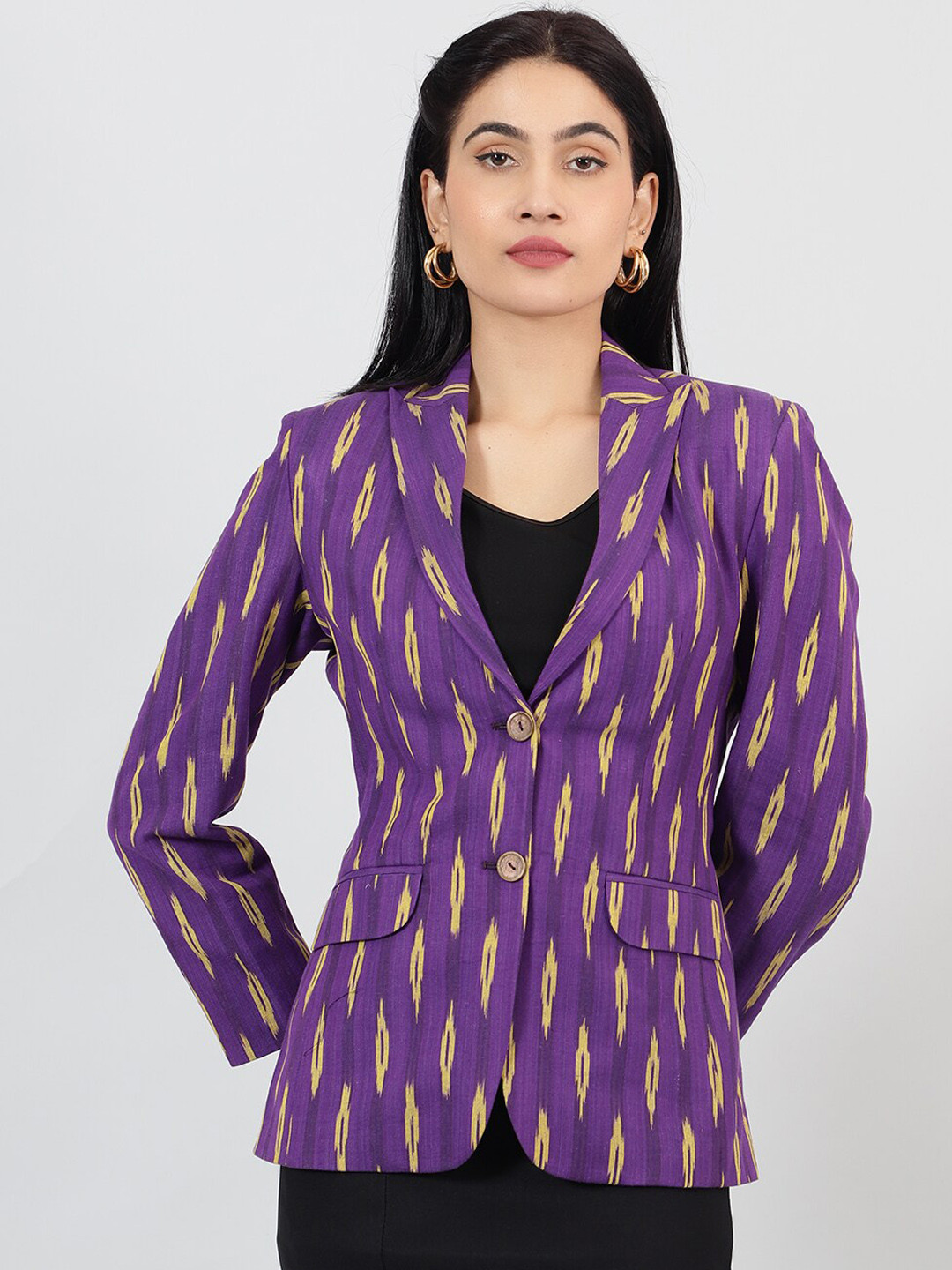

INDOPHILIA Ikat Cotton Single Breasted Blazer, Purple