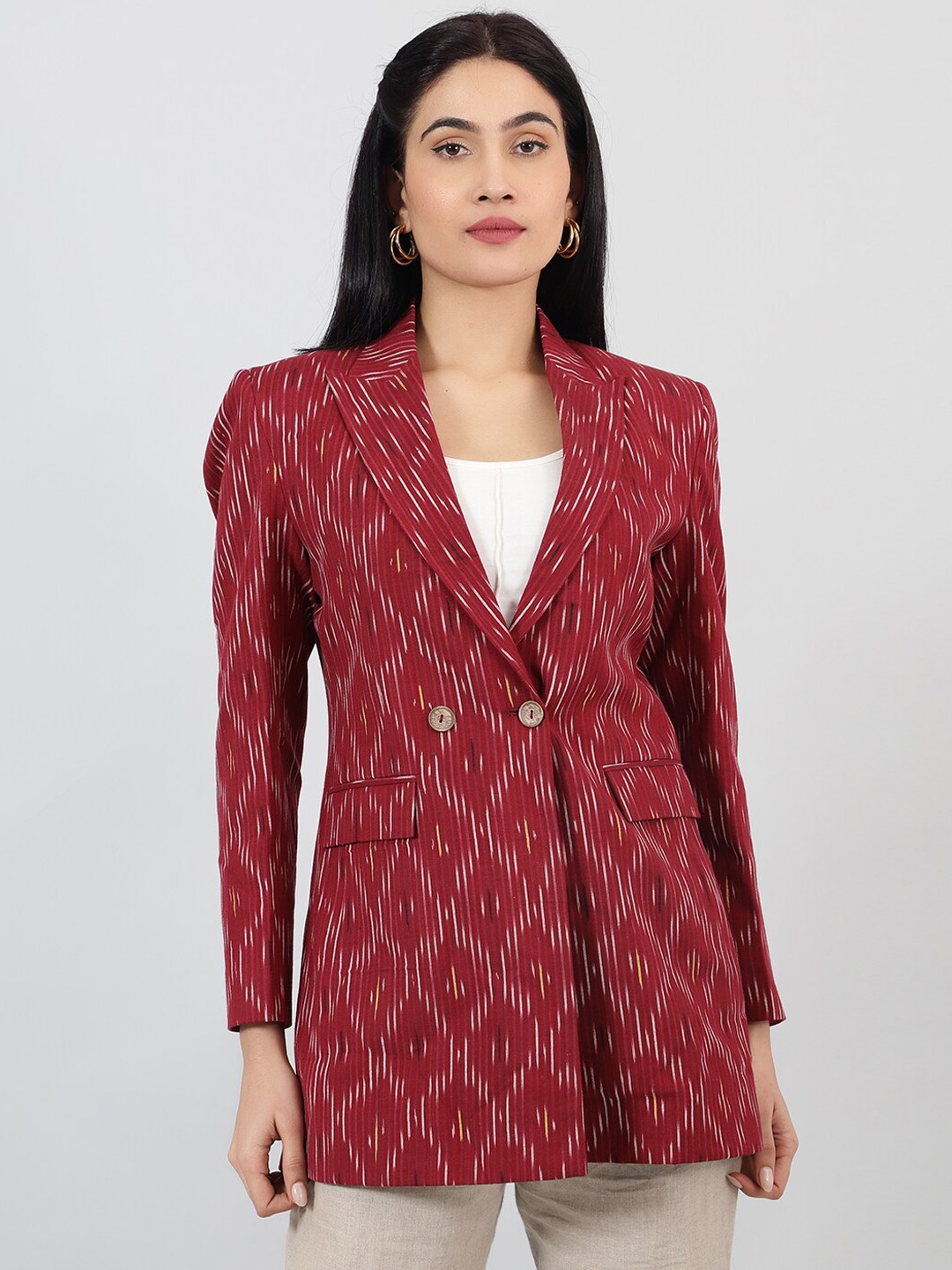 

INDOPHILIA Printed Cotton Single Breasted Blazer, Red