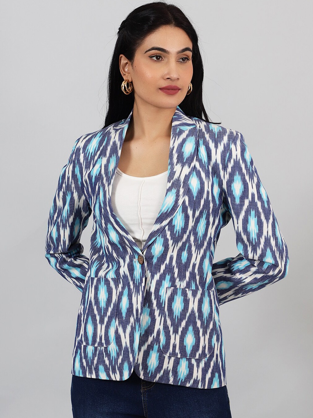 

INDOPHILIA Printed Peaked Lapel Long Sleeves Single-Breasted Cotton Blazer, Blue