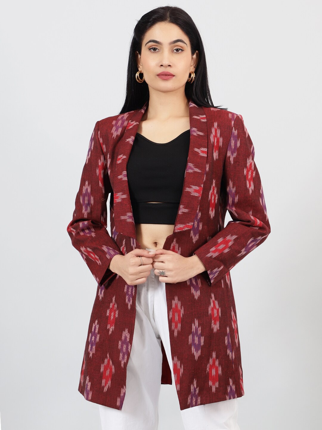 

INDOPHILIA Woven Design Ikat Cotton Single Breasted Blazer, Red
