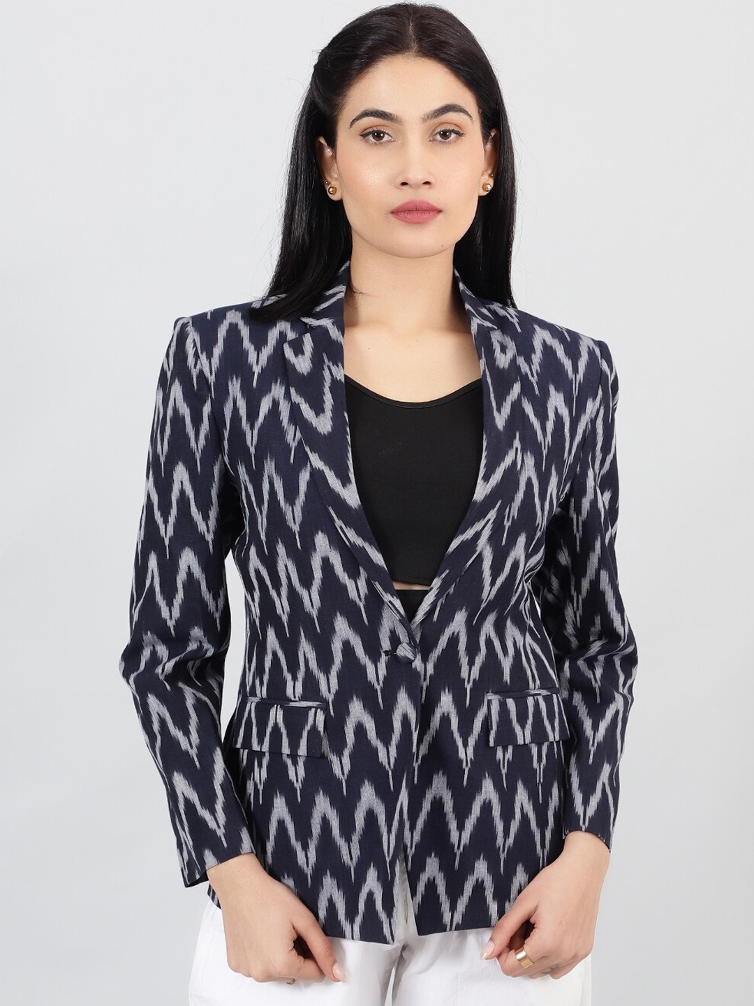 

INDOPHILIA Woven Design Ikat Cotton Single Breasted Blazer, Blue