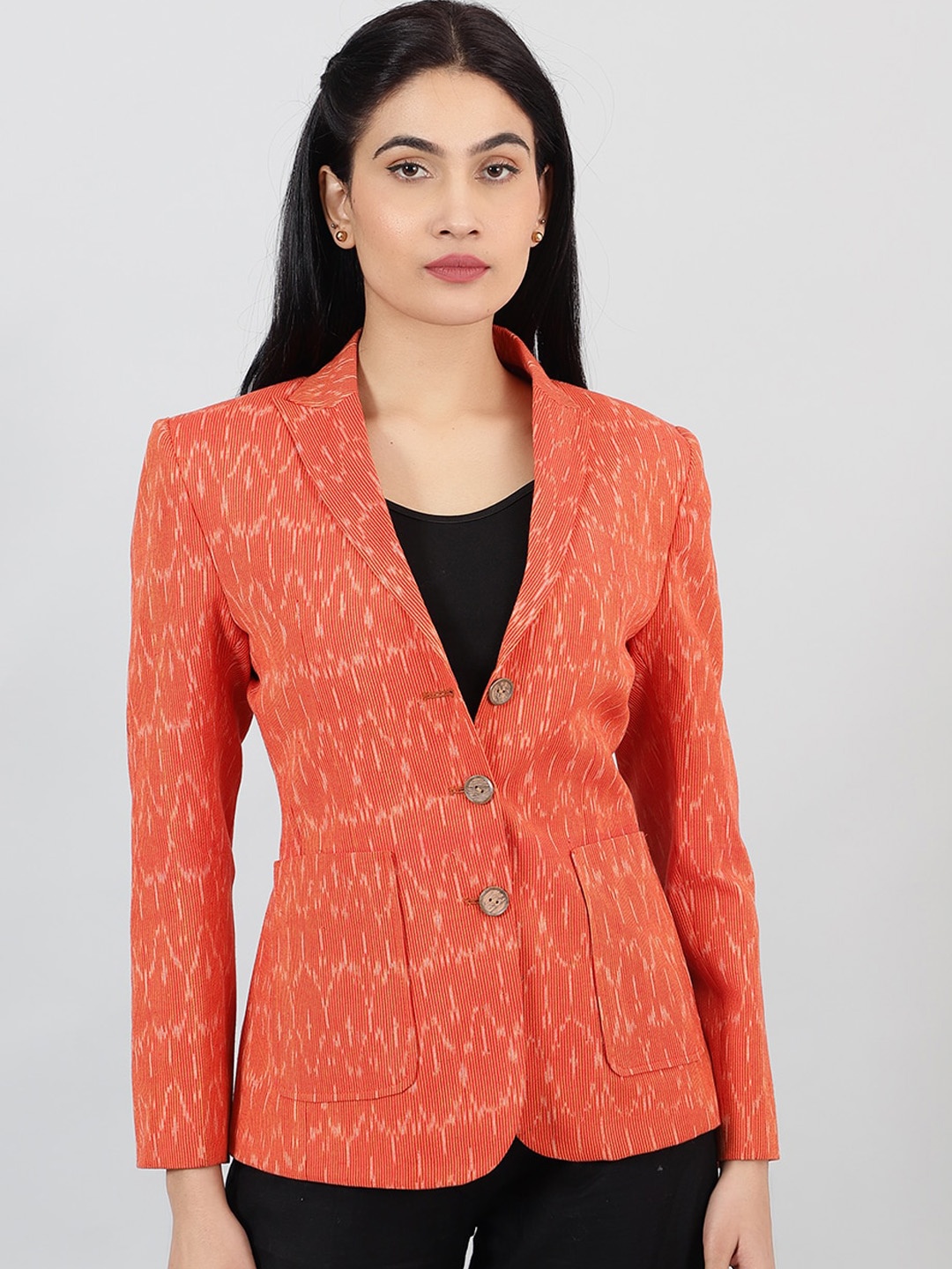 

INDOPHILIA Printed Cotton Single Breasted Blazer, Orange