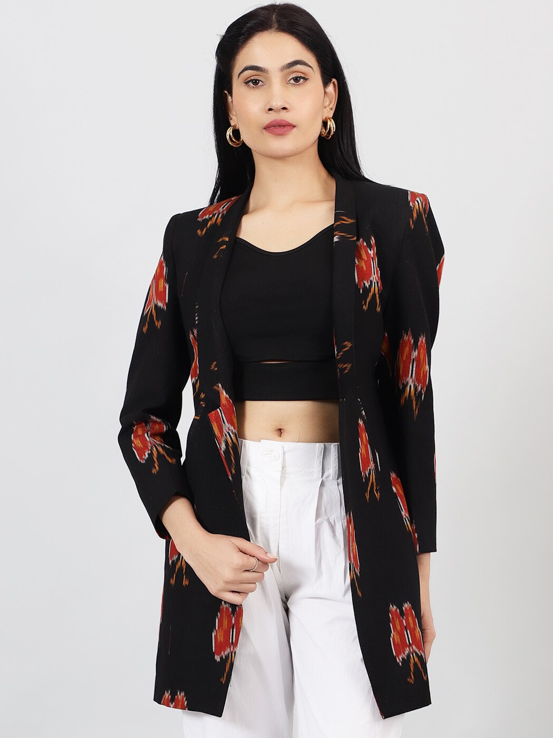 

INDOPHILIA Printed Cotton Single Breasted Blazer, Black