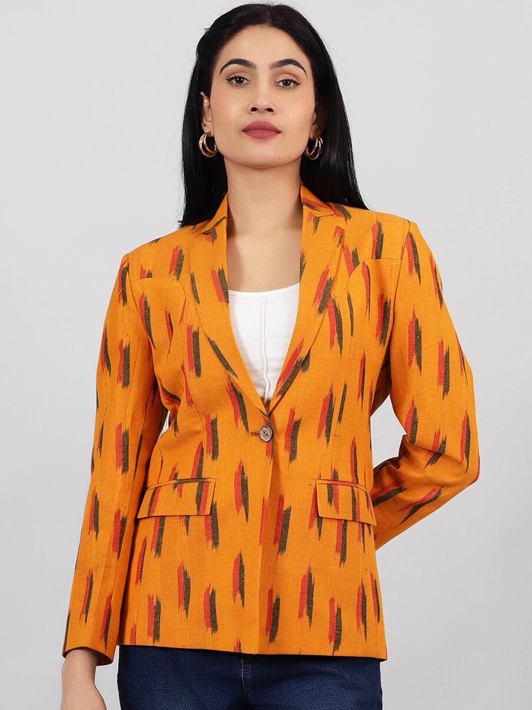 

INDOPHILIA Printed Cotton Single Breasted Blazer, Yellow