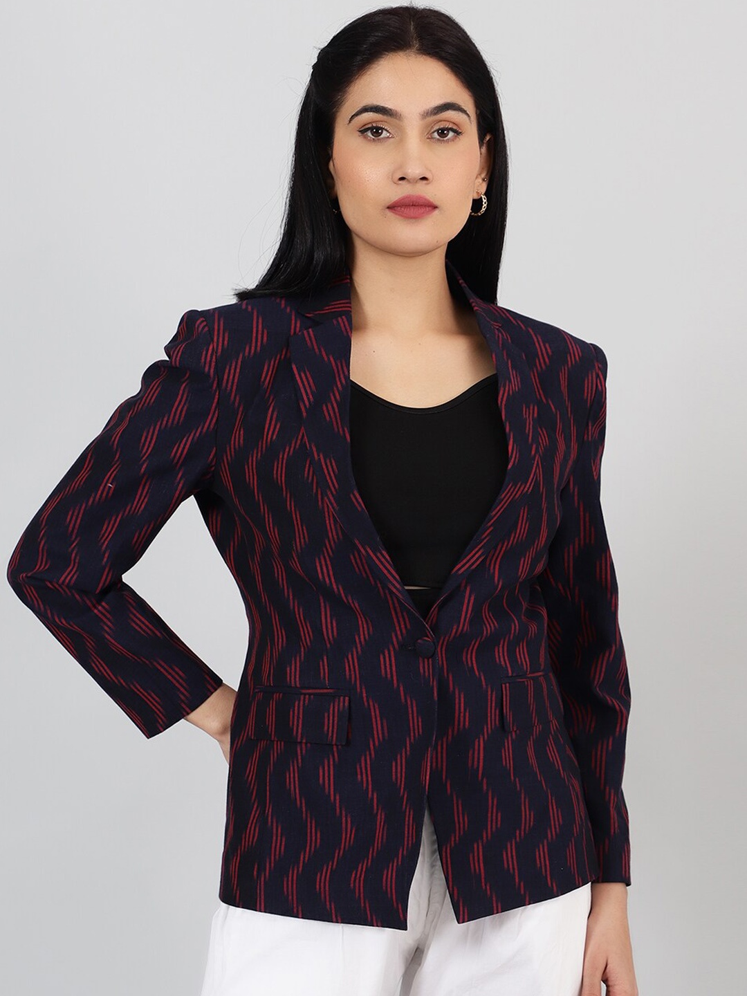 

INDOPHILIA Printed Cotton Single Breasted Blazer, Blue