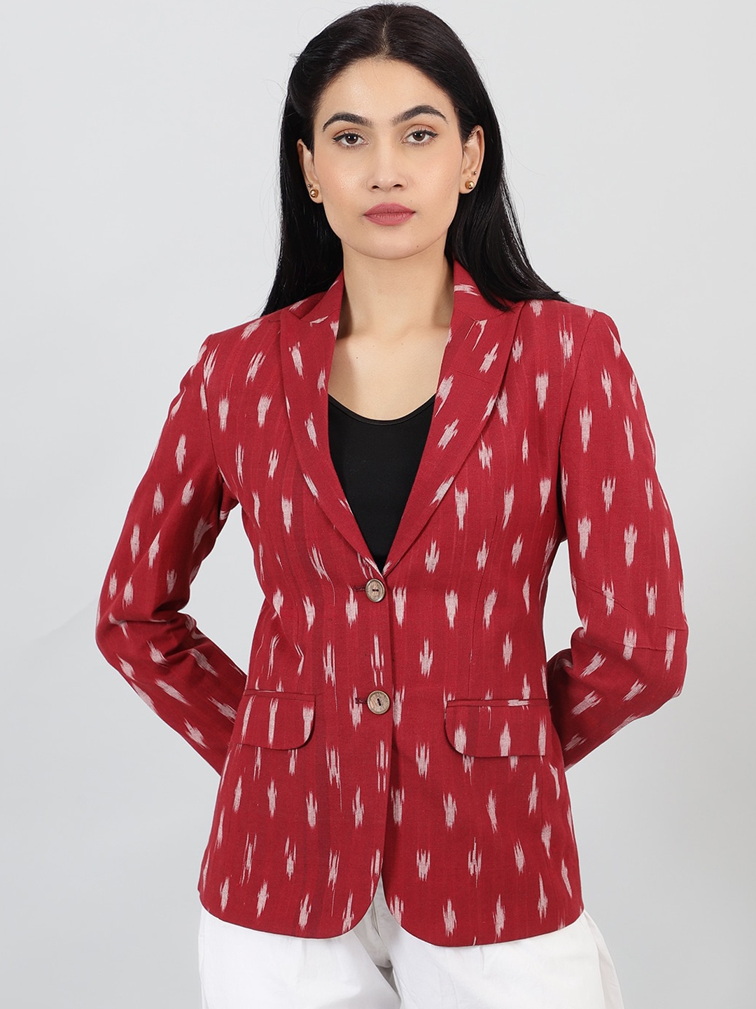 

INDOPHILIA Printed Peaked Lapel Long Sleeves Single-Breasted Cotton Blazer, Red