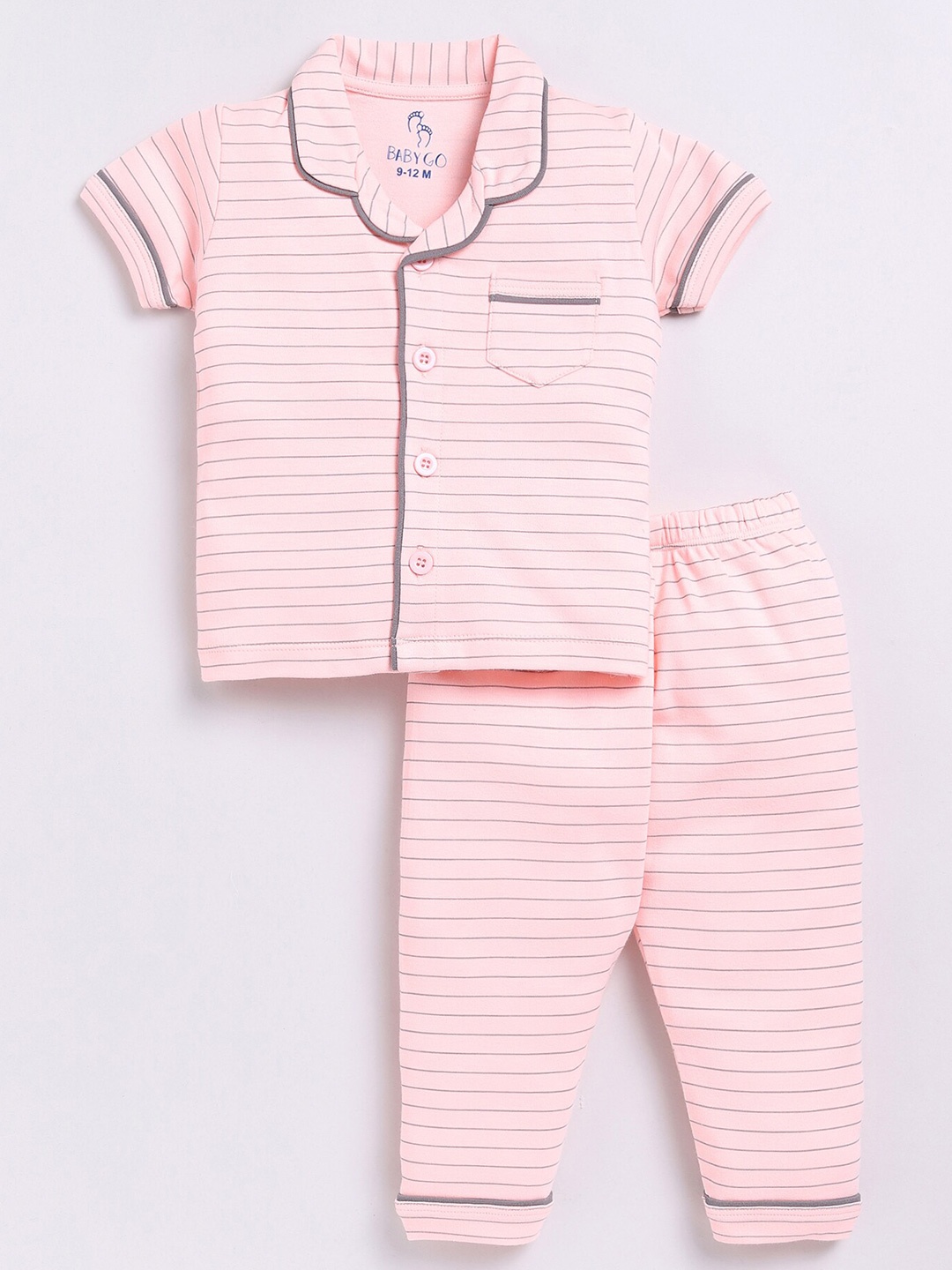 

BABY GO Girls Striped Lapel Collar Pure Cotton Shirt with Pyjamas, Pink