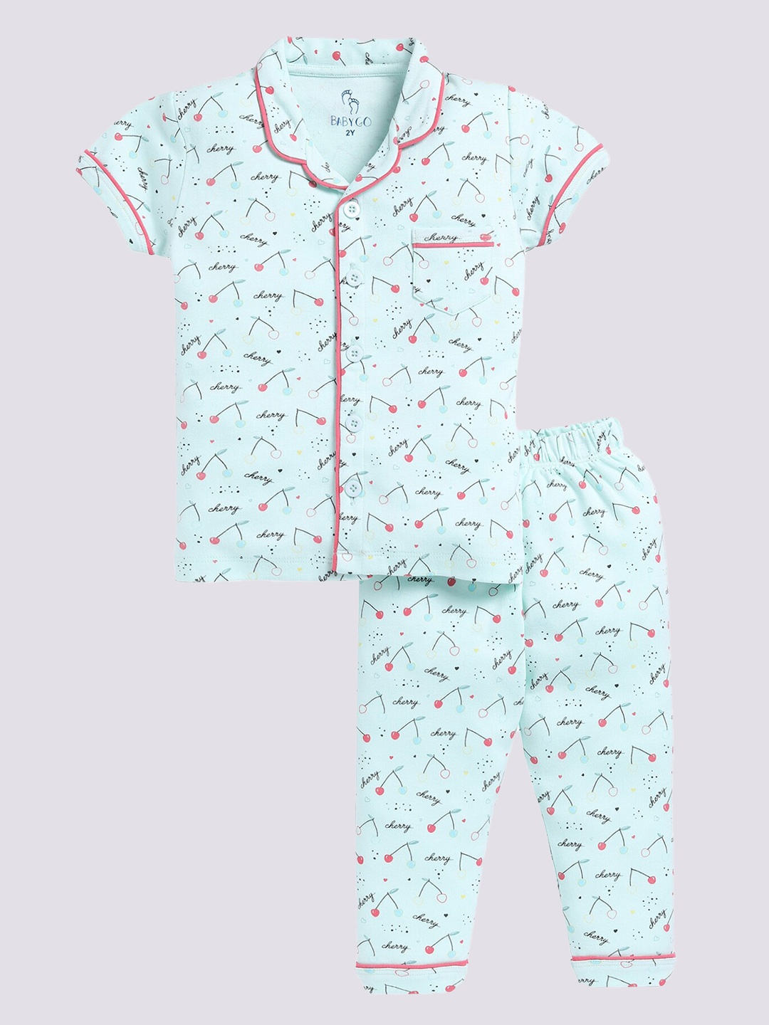 

BABY GO Girls Graphic Printed Lapel Collar Pure Cotton Shirt with Pyjamas, Blue