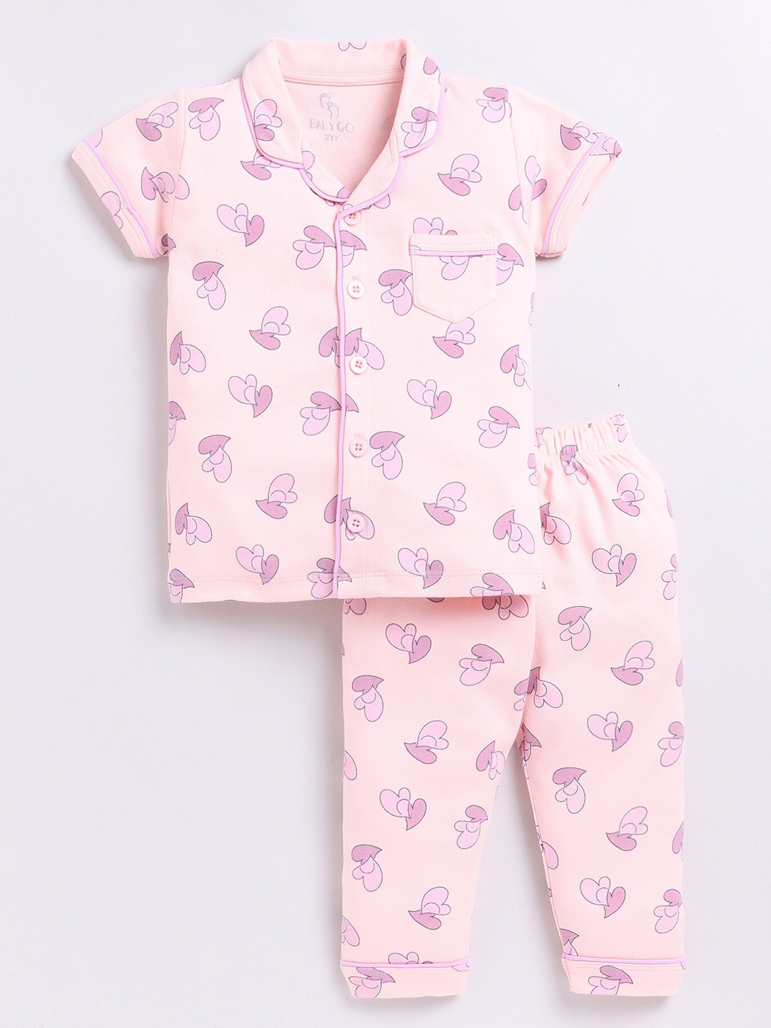 

BABY GO Girls Graphic Printed Lapel Collar Pure Cotton Shirt with Pyjamas, Peach