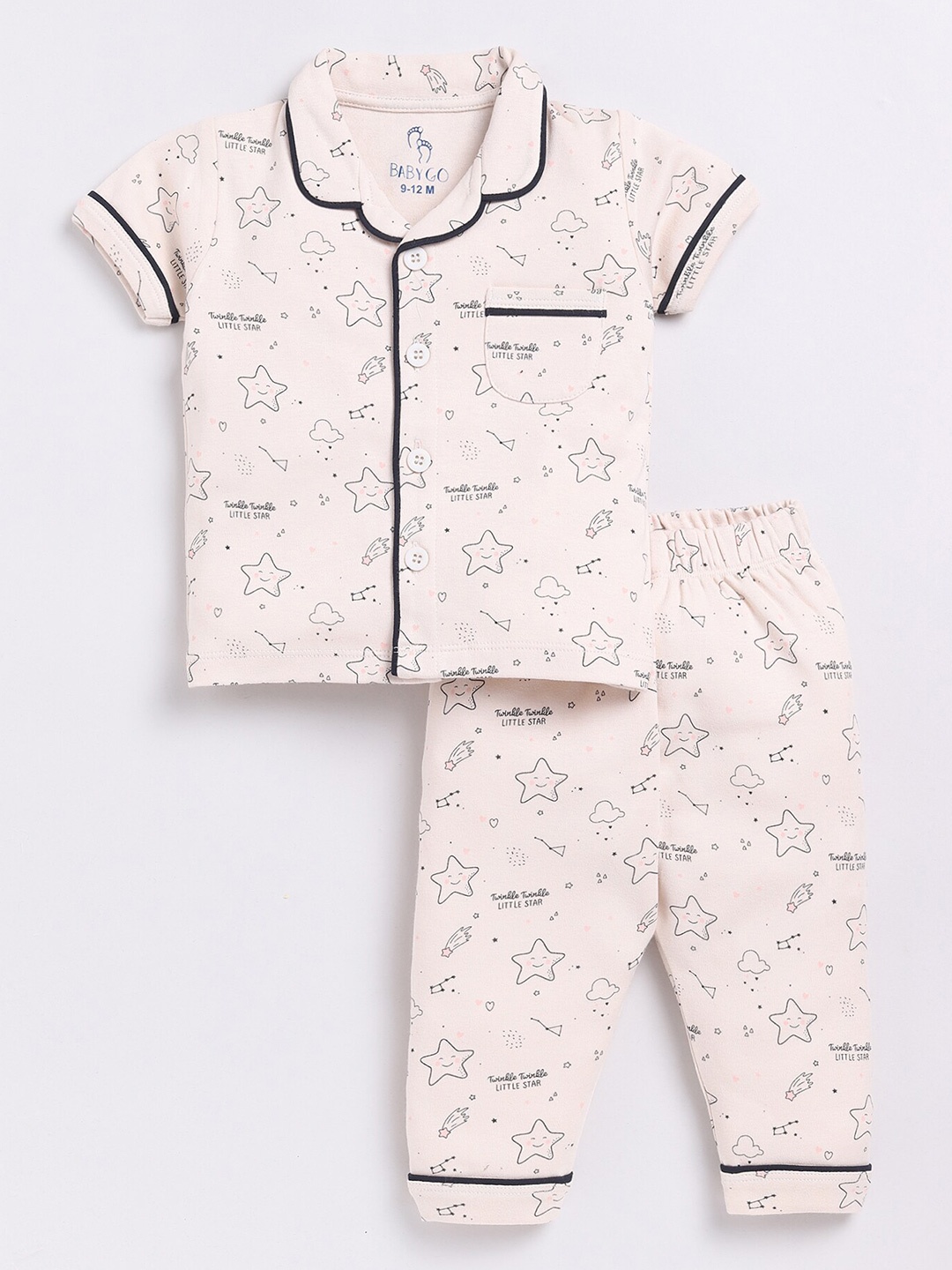 

BABY GO Girls Graphic Printed Lapel Collar Pure Cotton Shirt with Pyjamas, Pink