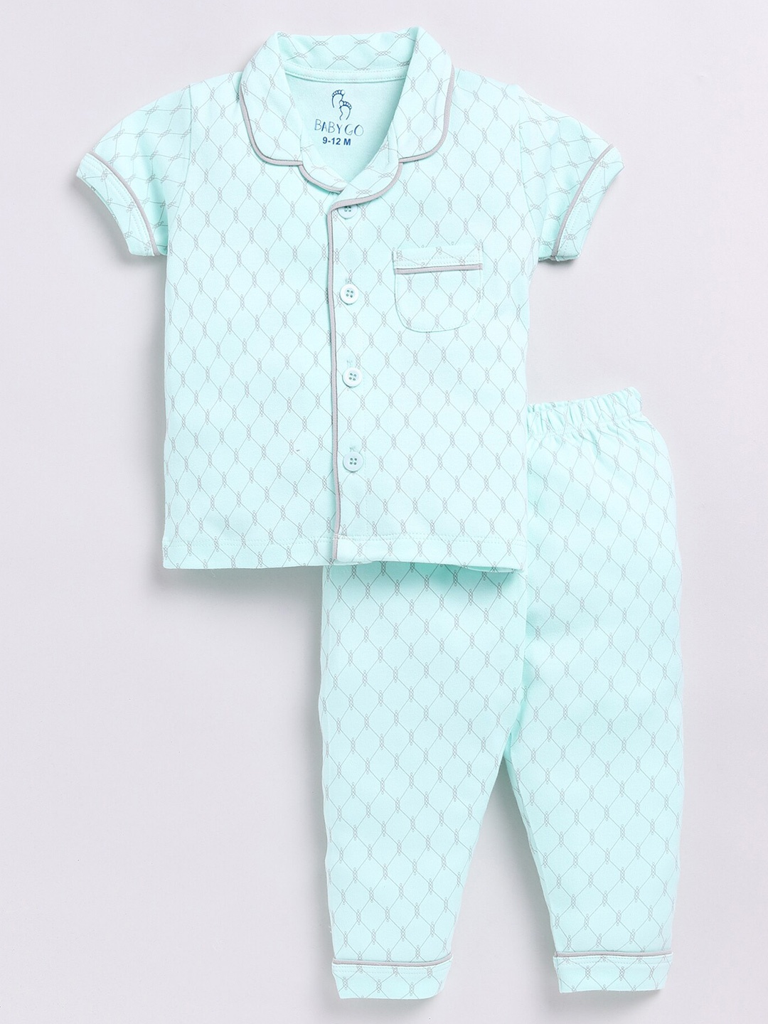 

BABY GO Girls Graphic Printed Lapel Collar Pure Cotton Shirt with Pyjamas, Blue
