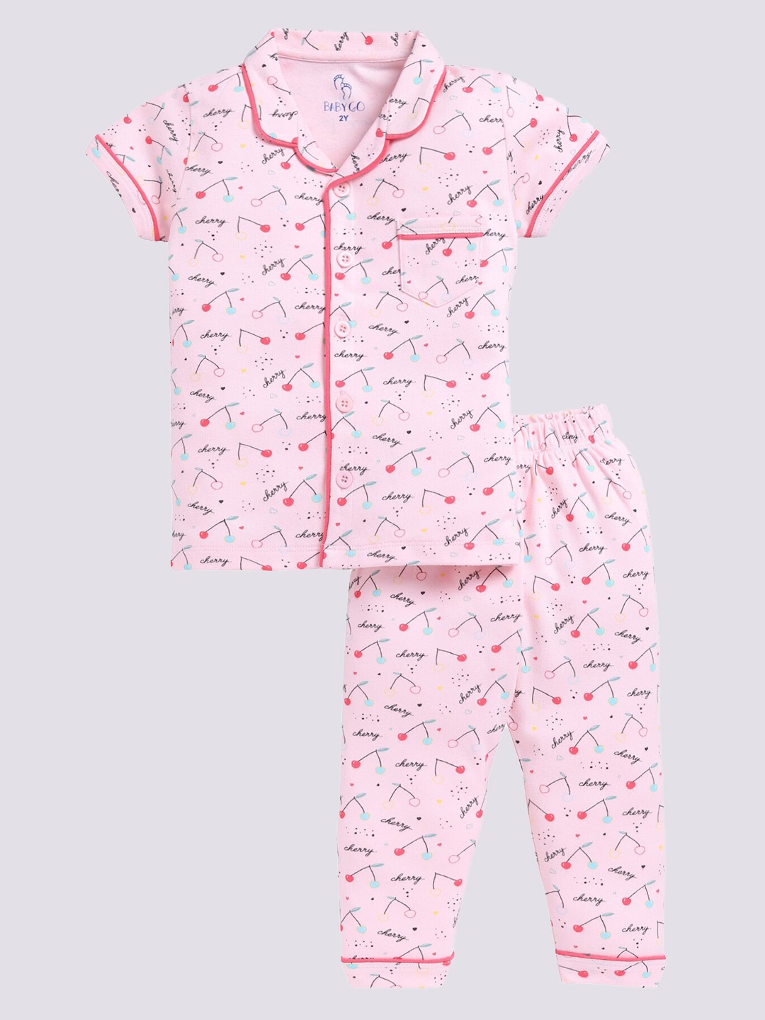 

BABY GO Girls Graphic Printed Lapel Collar Pure Cotton Shirt with Pyjama, Pink