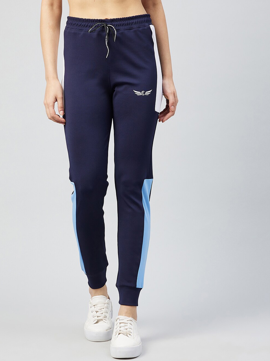 

CHROME & CORAL Women Mid Rise Colourblocked Joggers, Blue