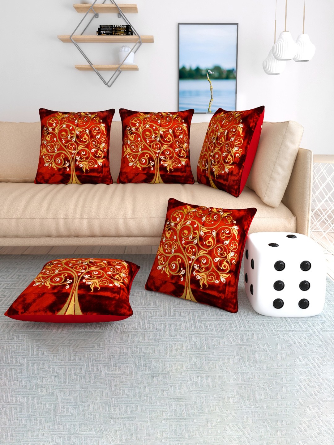 

TANLOOMS Maroon & White 5 Pieces Floral Velvet Square Cushion Covers