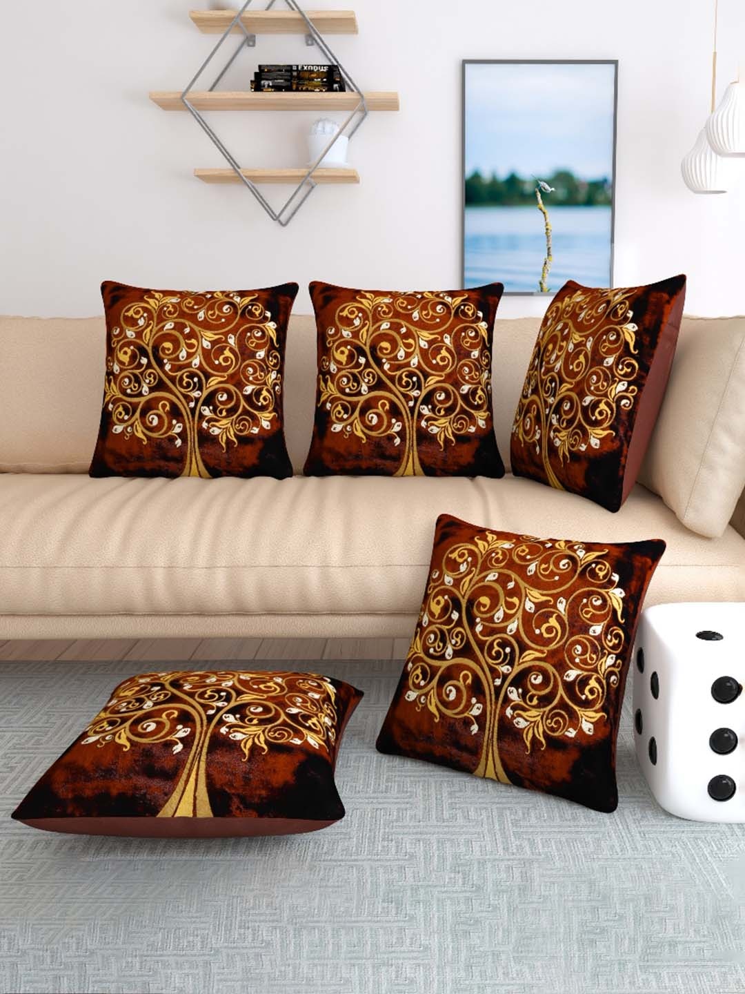 

TANLOOMS Brown & White 5 Pieces Embroidered Velvet Square Cushion Covers