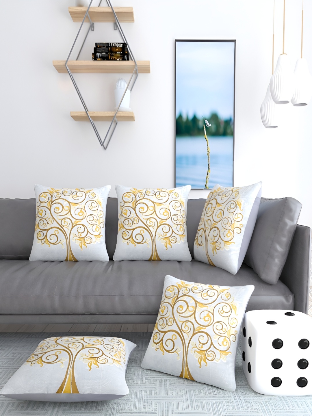 

TANLOOMS Grey & Brown 5 Pieces Self Design Velvet Square Cushion Covers