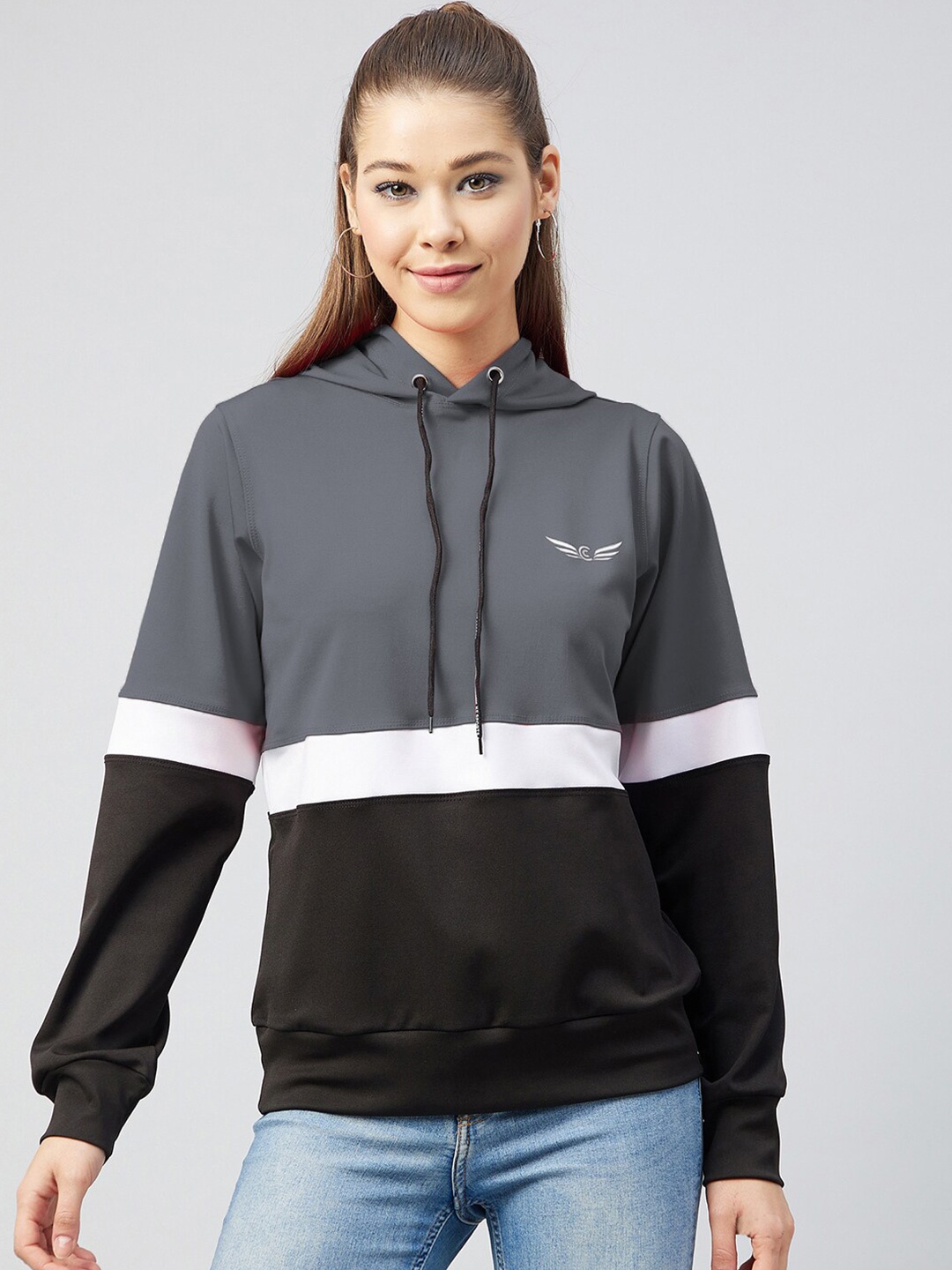 CHROME & CORAL Women Colourblocked Hooded Sweatshirt, Grey