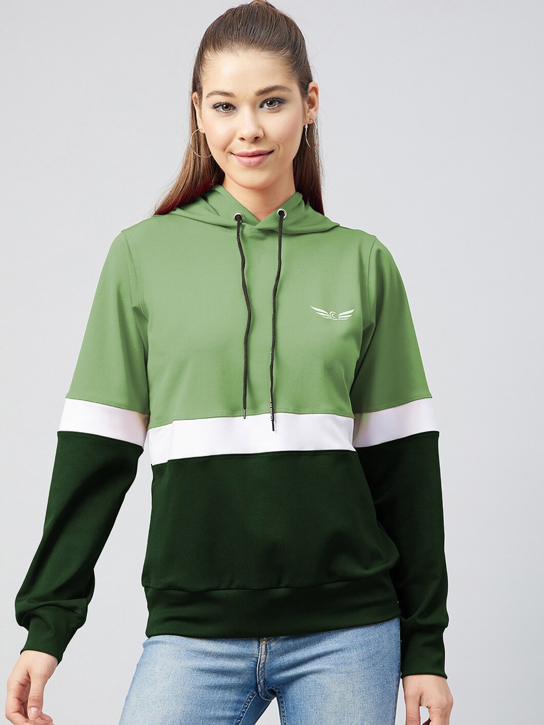 

CHROME & CORAL Women Colourblocked Hooded Sweatshirt, Olive