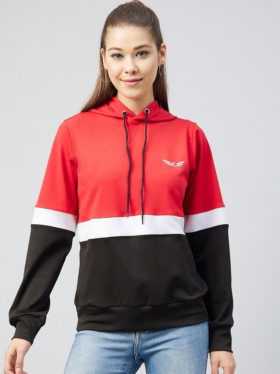 

CHROME & CORAL Women Colourblocked Hooded Sweatshirt, Red